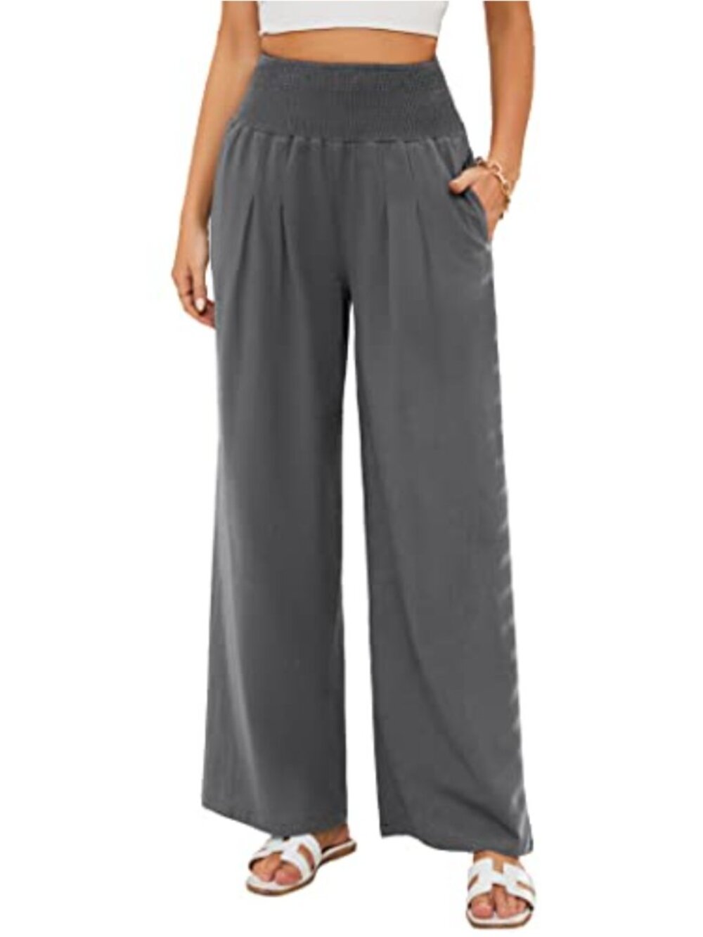 Women's Linen Cotton Wide Leg Pants High Waist Loose Palazzo Pockets Lounge Yoga